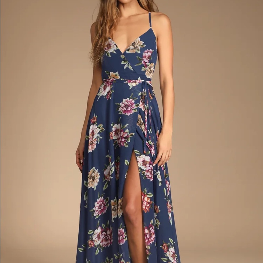 Lulu's "Always There For Me" Navy Blue Floral Wrap Dress